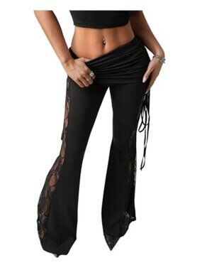 Women's Lace Flare Pants Fold Over Bell Bottoms Rave Club Outfits